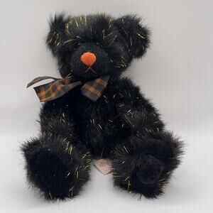 RUSS Berrie Sparkie Halloween Teddy Bear Black 10” Gold Tensel Orange Nose,‎ Bow